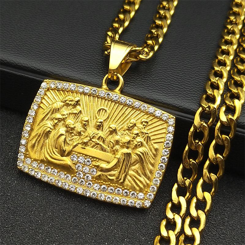Thirteen Apostles Of Judaism Rhinestone Pendant Necklace For Men Stainless Steel Gold Color Chain The Last Supper Punk Jewelry