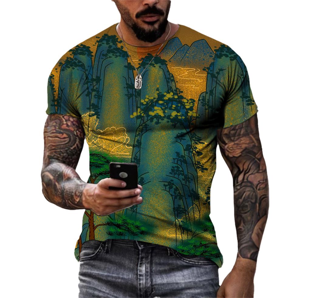 Piękne koszulki męskie z elementami chińskimi, casualowe, z nadrukiem HD 3D, wzorzyste, hip hopowe, Harajuku, z osobowością, z okrągłym dekoltem, z krótkim rękawem