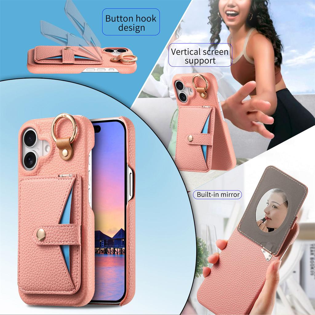 Cards Solt Ring Holder Lychee Pattern Leather Case for iPhone 17 Pro Max 16 15 14 13 12 11 with Makeup Mirror Shockproof Cover