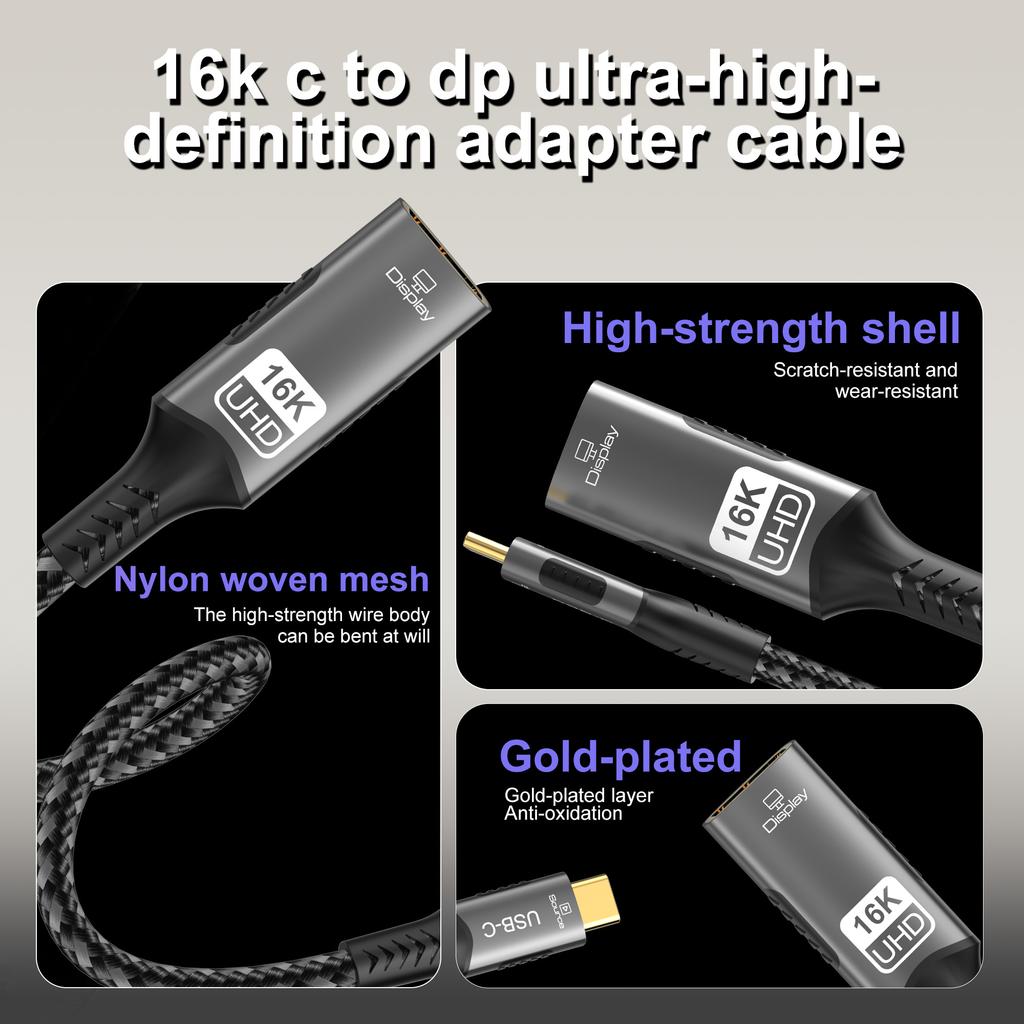 Type C To DP Extension Cable USB C To DisplayPort  Adapter 16K DP 2.1 Converter For Thunderbolt 4 MacBook Huawei Air Projector