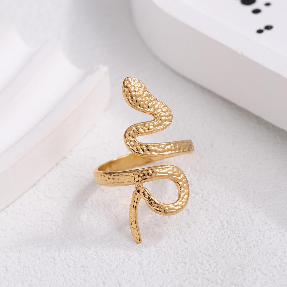 Gold-Plated Snake-Shaped Titanium Steel Adjustable Ring for Women - Retro, Colorfast, European & American Fashion.
