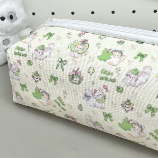 Pencil Case Green Kitten Print Large Capacity Stationery Organizer Smooth Zipper Closure