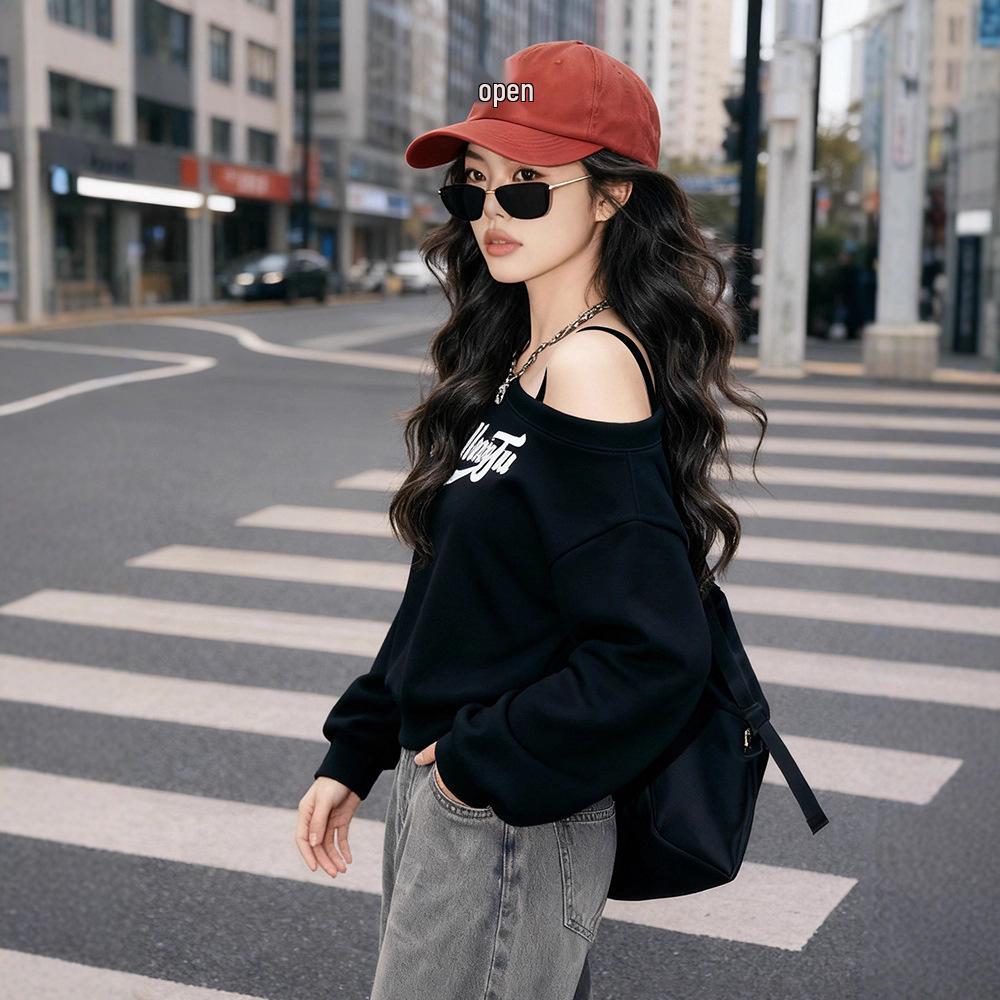 

Трендовий світшот на одне плече з принтом літер - Жіночий 2025 Осінь/Зима Пуловер з довгим рукавом з відкритим плечем One Size чорний