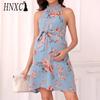 Summer Printed High-waisted, Thin-belt Halter Sleeveless Maternity Dress