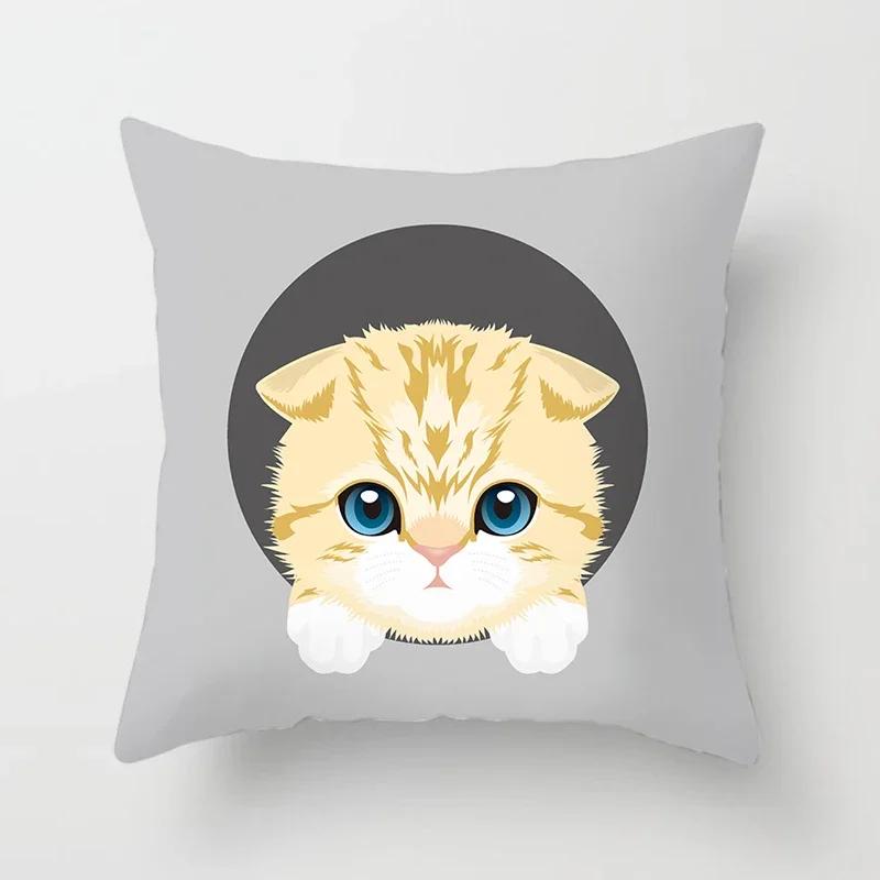 Cute Cat Round Head Home Decor Cushion Cover Naughty Cat Sofa Car Decoration 45X45Cm Pillowcase Square Polyester Pillowcase