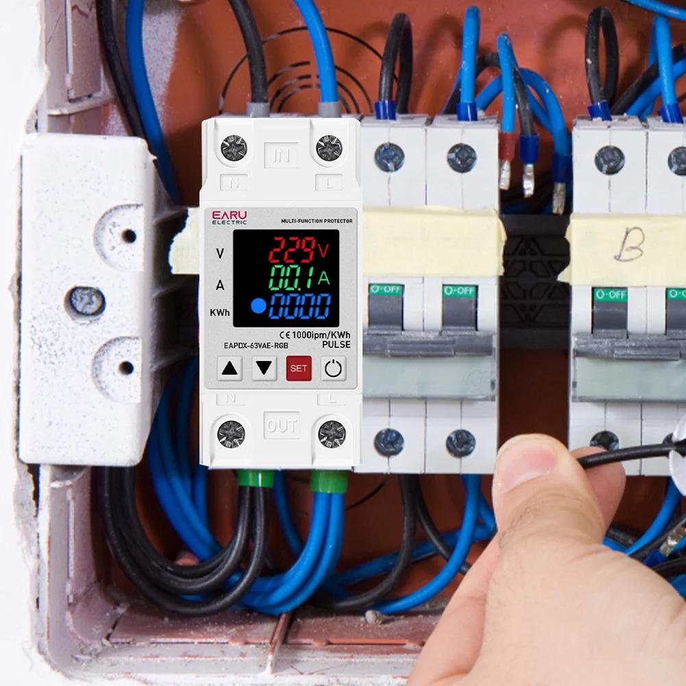 40A 63A 230V RGB Over Under Voltage Protector Relay Device Switch Breaker Din Rail Protector Relay Over Current Protection Limit