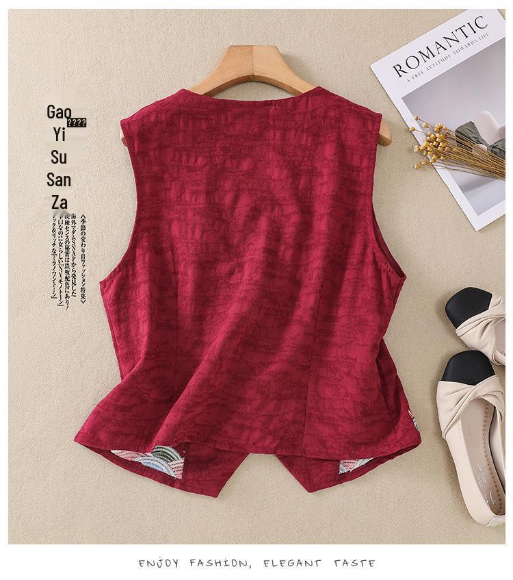 2026 Spring/Summer Retro Ethnic V-neck Embroidered Cotton Linen Sleeveless Vest for Women