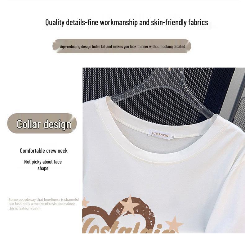 Women's Plus Size Slimming Mid-Length Short-Sleeve T-Shirt - Round Neck, Loose Fit (Sizes 200-350 Jin)