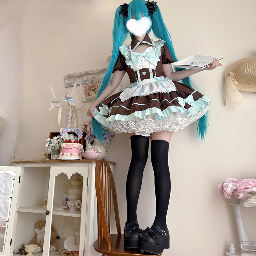 XHSUKADO 3-Piece Maid Outfit Set, Lolita Dress with Ribbon, Lace-Up, Dreamy, Cute Gothic Lolita Dress, Ruffles, Mori Girl, Princess Style, Idol Costum
