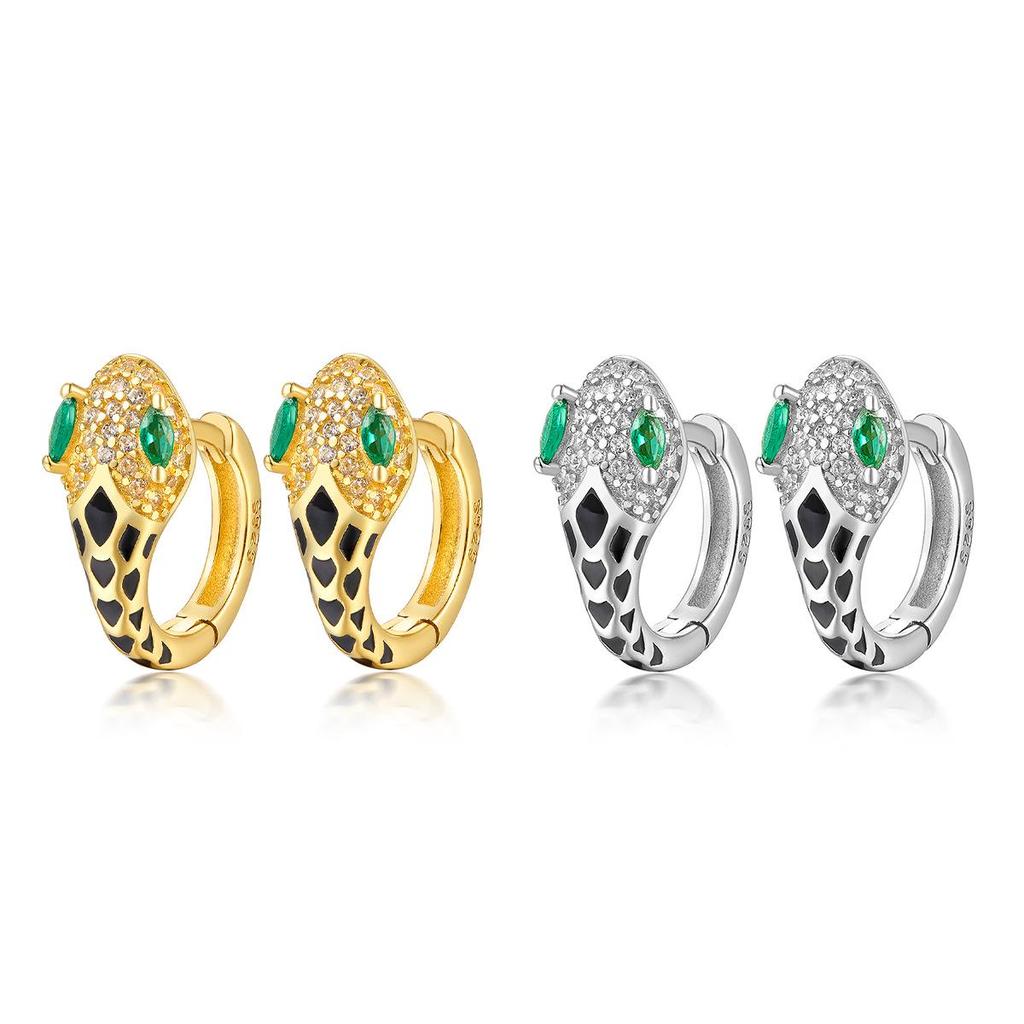 European S925 Sterling Silver Snake Earrings with Green Rhinestone Eyes and Zirconia Scales