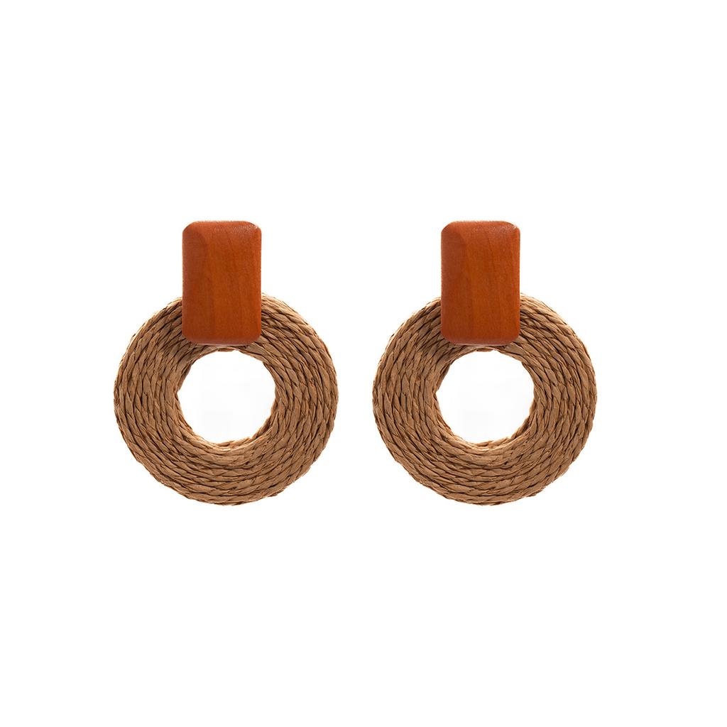 Seaside Travel Vacation Bohemian Wood Stud Earrings Handmade Rattan High-End Retro Personality Niche Earrings