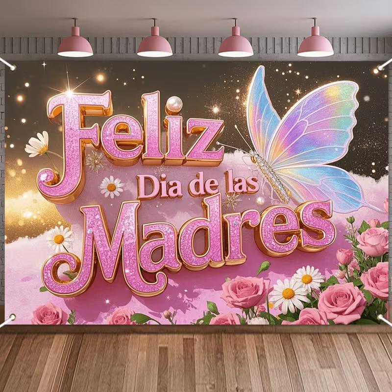 

2D Glitter Pink Mother s Day Banner, Feliz Dia de las Madres with Flowers 47.2x31.5inch/120*80cm