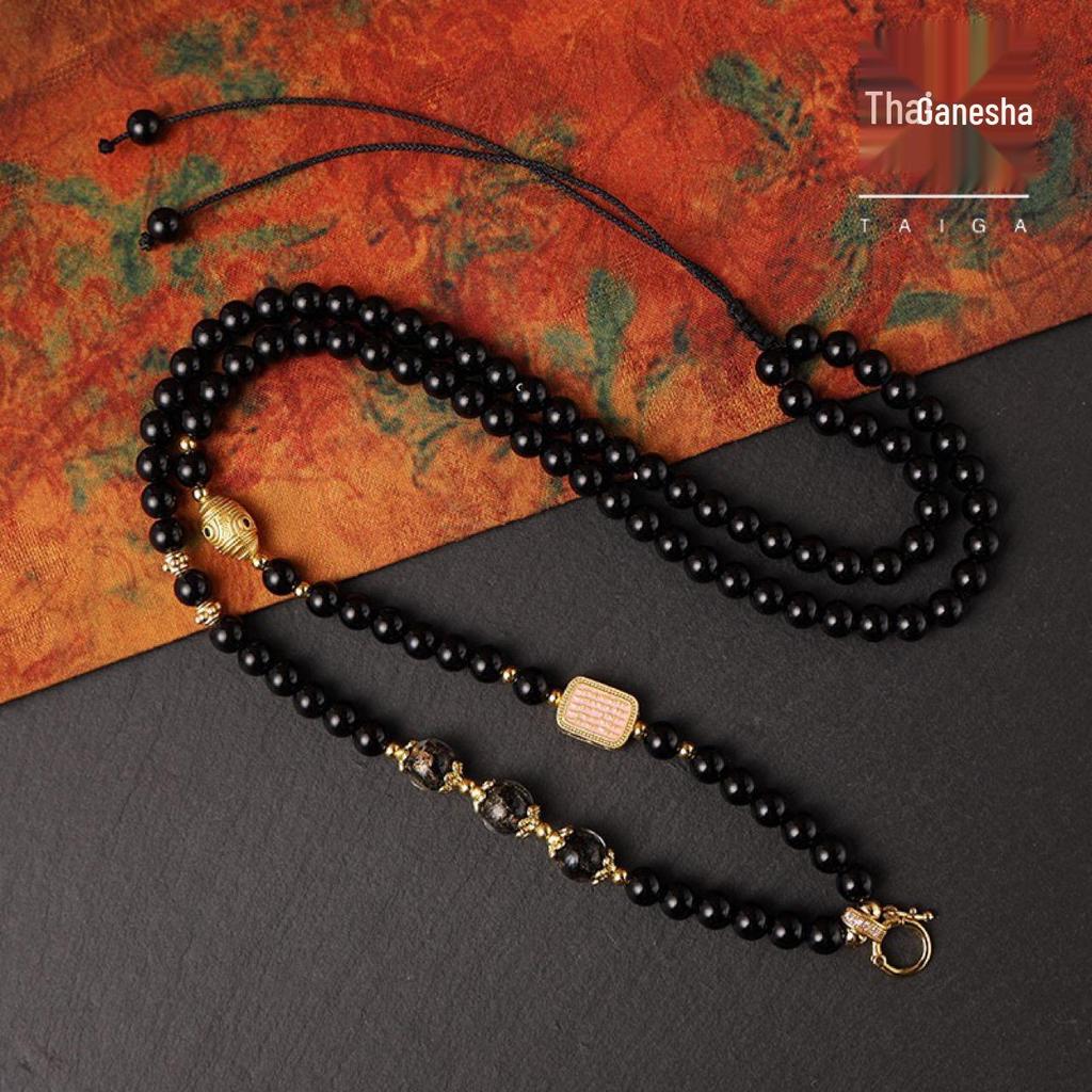 Autumn/Winter 6mm Black Agate Pendant Lanyard with Quick Release, Rune Design, and Thai Buddha Amulet for Sweater Chains
