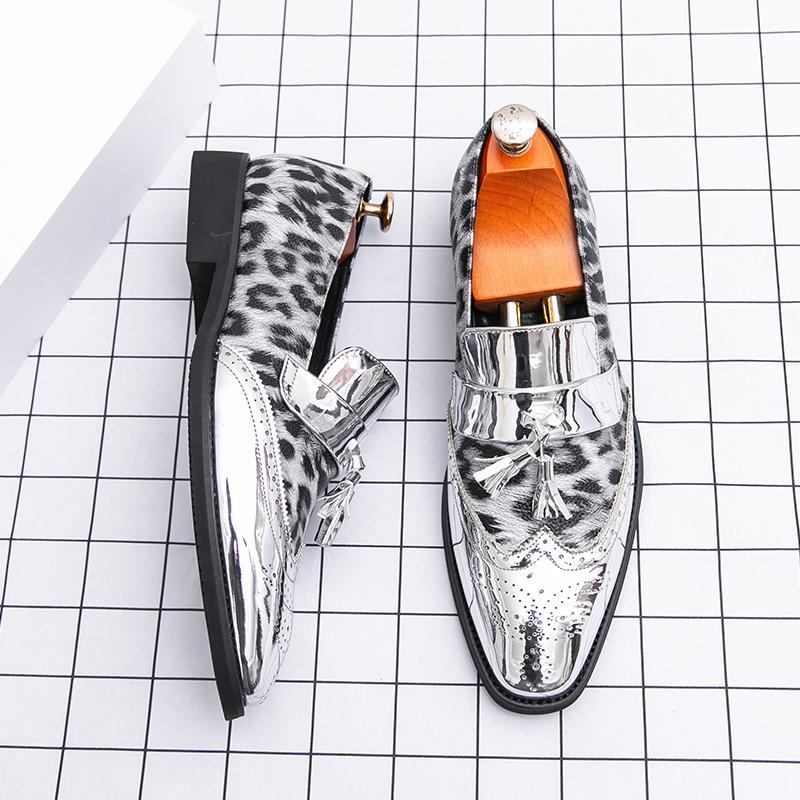 Fashion Designer New Men's Pointed Leopard Patchwork Tassel Brogues Oxford Shoes Male Wedding Dress Homecoming Formal Wedding Footwear