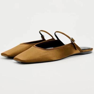 Fashion New Women Flats 2024 Square Toe Buckle Strap Breathable Mules Satin Leisure Slingbacks Chic Fashion Designer Shoes for Ladies