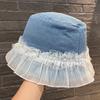 Summer Ins Pearl Mesh Stitching Satin Eaves Double Bucket Hat Travel Sunscreen Breathable Sunshade Basin Hat