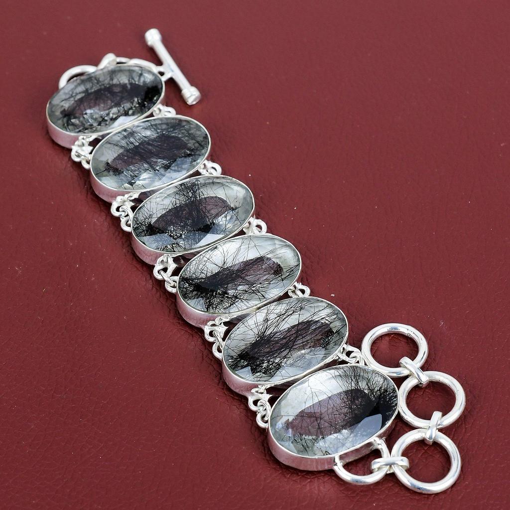 Faceted black rutile bracelet genuine gemstone bracelet handmade jewelry 925 sterling silver bracelet adjustable chain bracelet gift for mom