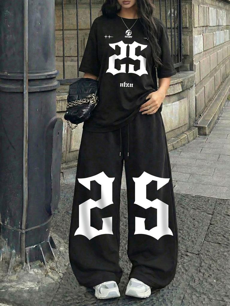 Amerikanischer Retro Street Trend Cool Buchstabendruck Kurzarm-T-Shirt Weite Hosen Set Damen Lässig Locker Sport Zwei Teile