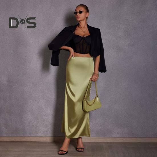 Women Fishtail Skirt with Large Hem High Waist Hip Wrapped Imitation Silk Maxi Skirt Solid Color Slimming Satin Skirt