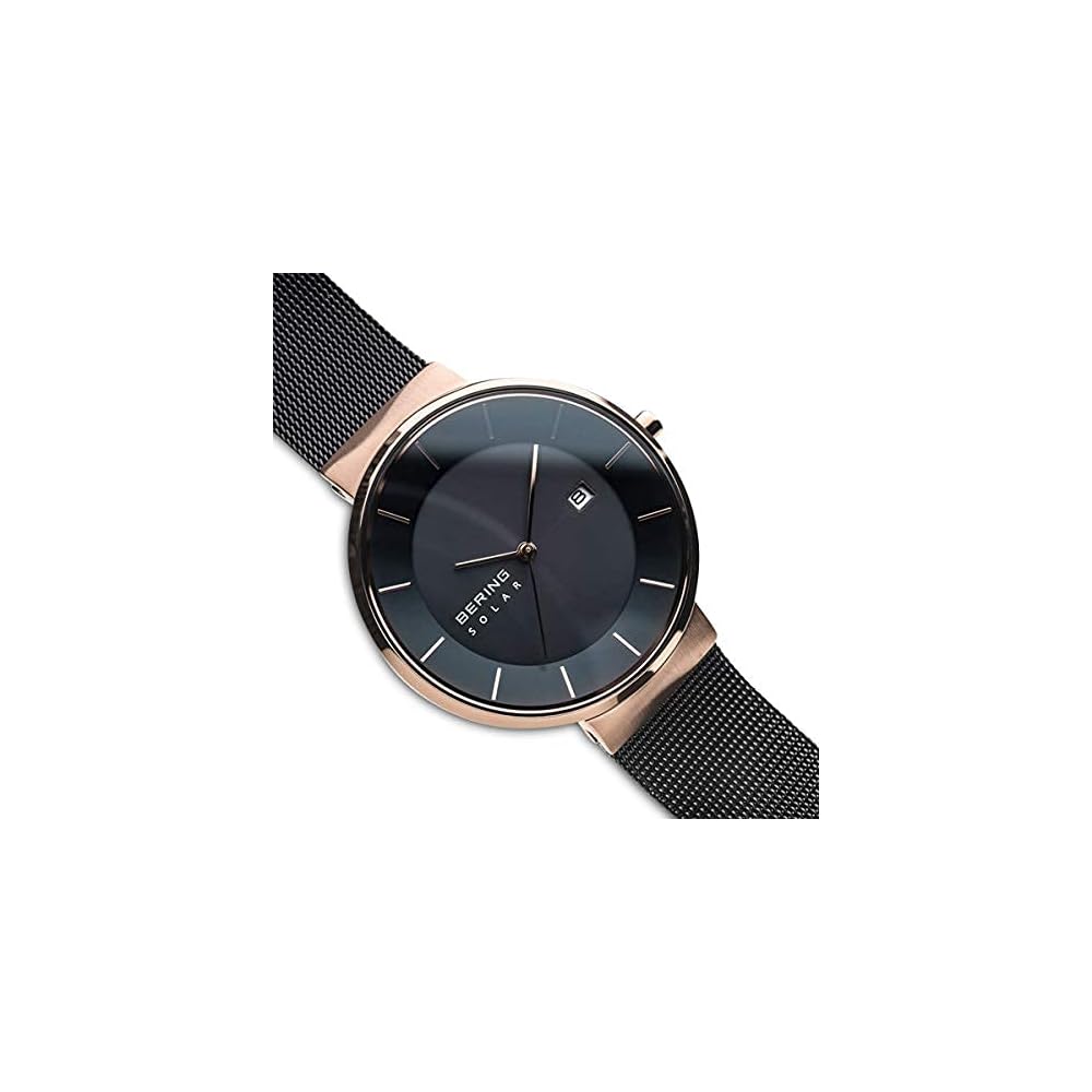 BERING Solar Watch for Men and Women (Unisex) Black and Rose Gold Stainless Steel with Mesh Strap and Sapphire Crystal (Product Number: 14639-166) Off