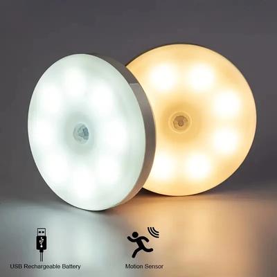 LED Motion Sensor Light Round Night Light USB Rechargeable Warm or White Light Bedroom Living Room Hallway Stairs Cabinets Decor