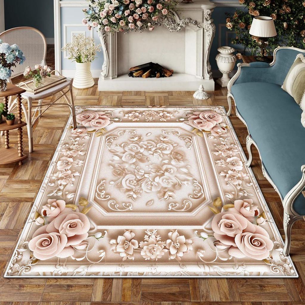 Europäischer Stil Rutschfest Großer Wohnzimmerteppich Blumendesign Raumdekoration Ästhetischer Schlafzimmerteppich Schminktischmatte Waschbar