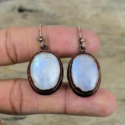 Pendientes de piedra lunar arcoíris, pendientes de cobre electroformado, joyas de piedras preciosas naturales, pendientes hechos a mano, joyas de cobre electroformado, regalos para mamá