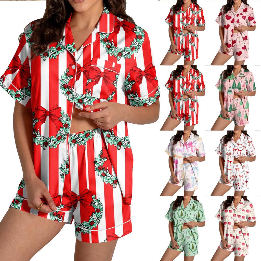 Women's Christmas Pajama Set Short Sleeve Button Down Shirt and Shorts Sleepwear