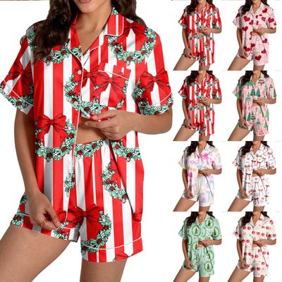 Women's Christmas Pajama Set Short Sleeve Button Down Shirt and Shorts Sleepwear