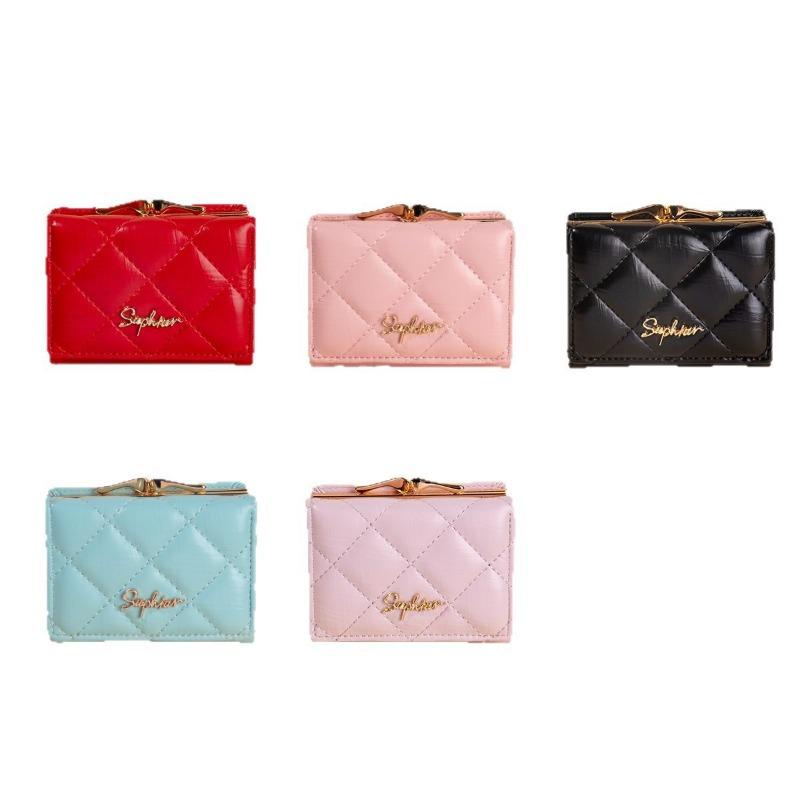 Embroidered thread plaid wallet short women's light and thin change bag pu fashion student card bag