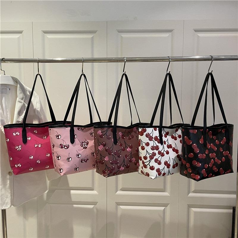 Cherry print tote bag versatile large capacity new commuter fashion high sense messenger shoulder bag handbag