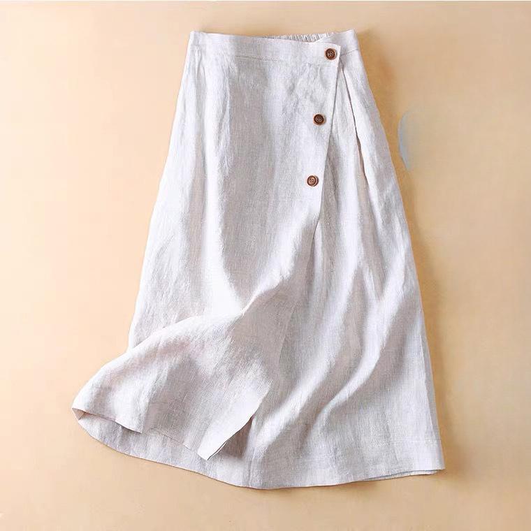 Women's Summer Casual A-Line Skirt Cotton Linen Mid Length Elastic Waist Flared Skirt