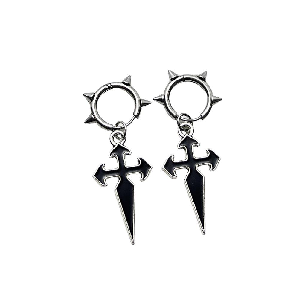 Boucles d'oreilles tendance rétro avec pendentif croix en alliage finition émail dégoulinant - Manchettes d'oreille hip-hop à la mode.