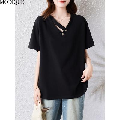 MODIQUE Spring Summer Plus Size New Women Loose Vintage Blouse Shirts Female Casual Oversize Short Sleeve V-Neck Top Elegant Lady Solid Black