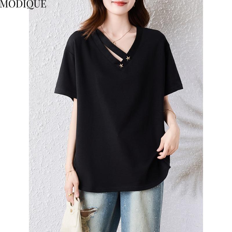 MODIQUE Spring Summer Plus Size New Women Loose Vintage Blouse Shirts Female Casual Oversize Short Sleeve V-Neck Top Elegant Lady Solid Black