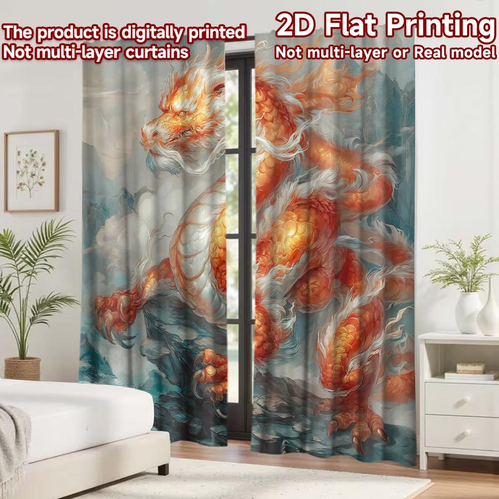 2D Flat Printing 2pcs Curtain Drapes Chinese Dragon In Clouds Digital Printed Polyester Drapes Birthday Party for Photo Booths &