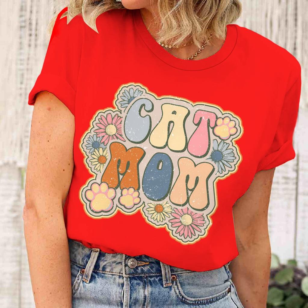 Vintage Cat Mom And Flower Print T Shirt Unisex Bohemia Wildflower Short Sleeve Streetwear Fun Cat Mom Life Tee Casual Female Top
