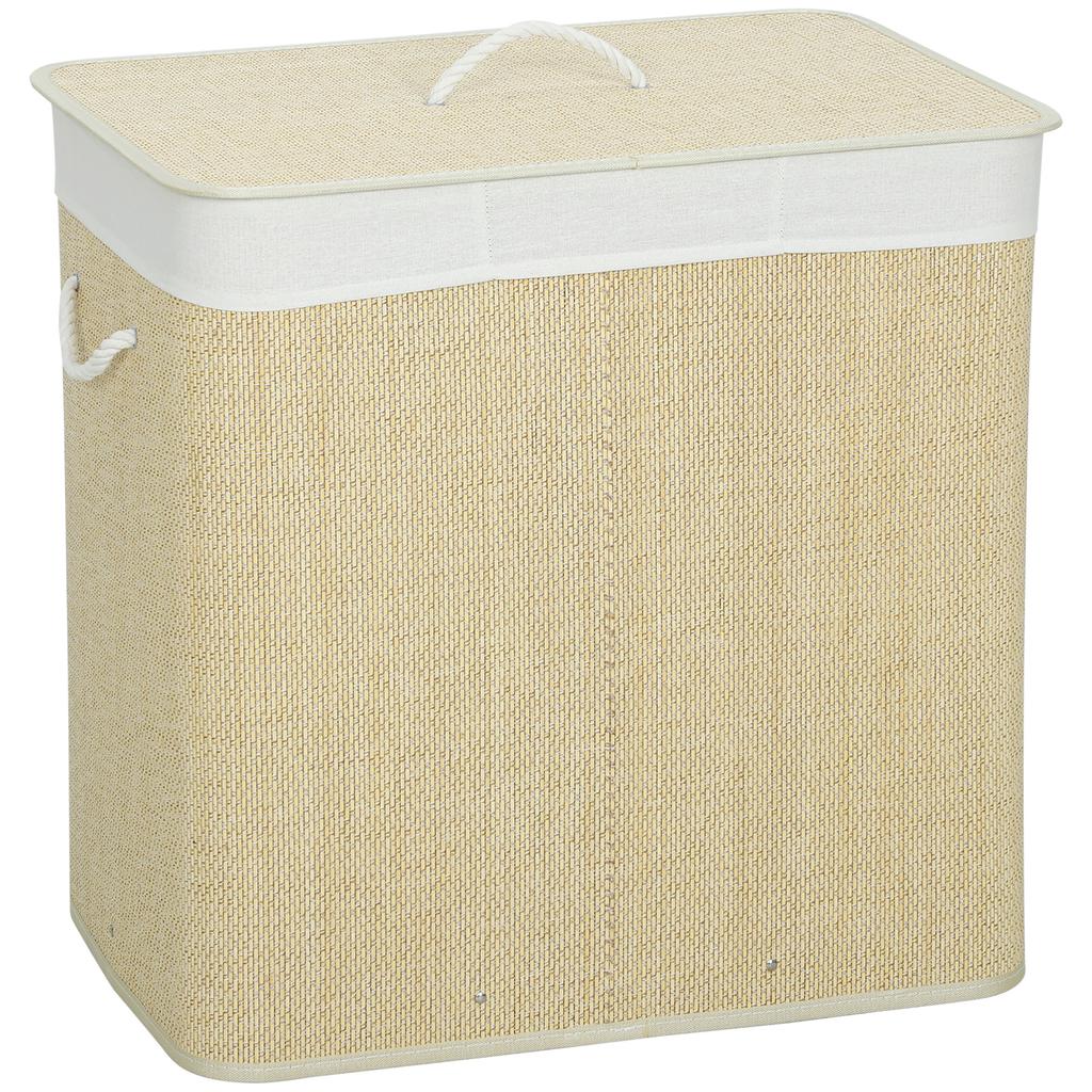 3 Section Laundry Basket with Lid, 144L Bamboo Laundry Hamper with Handles, Removable and Washable Liner, Cream White