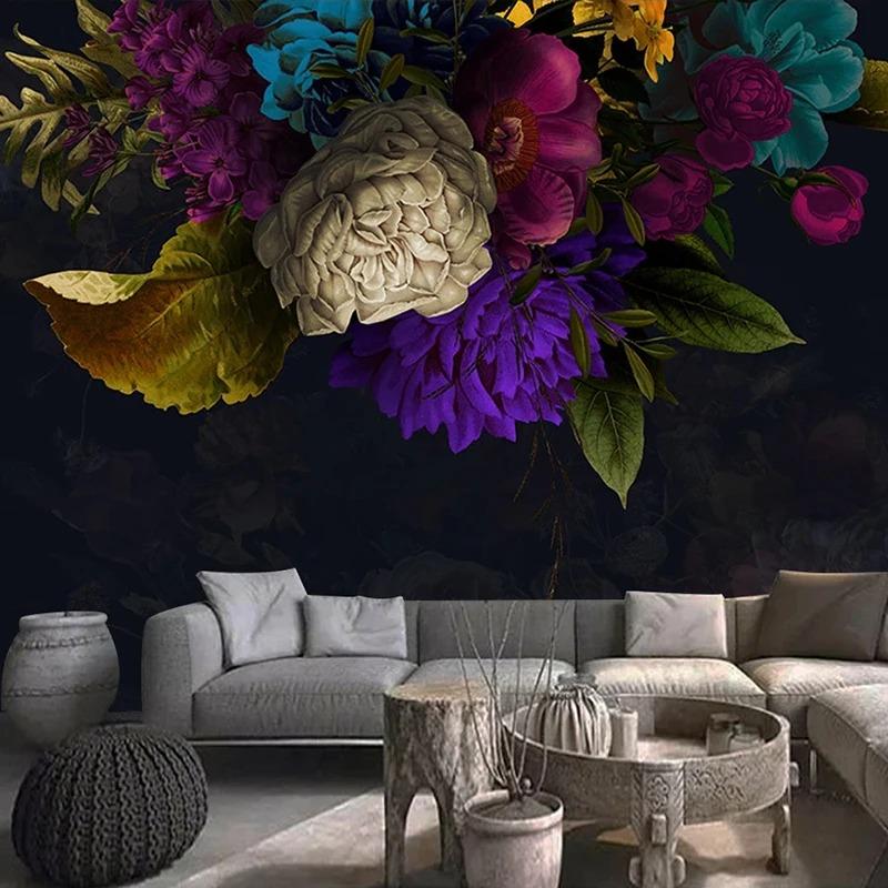 Custom Wall Mural Retro Flower Black Background Wall Decoration Painting Hotel Study Room Bedroom Wallpaper Papel De Parede 3D
