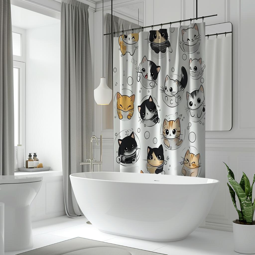 1 Pack Cartoon Cat Pattern Polyester Material Bathroom And Toilet Partition Curtain, Bathroom Divider Decorative Curtain