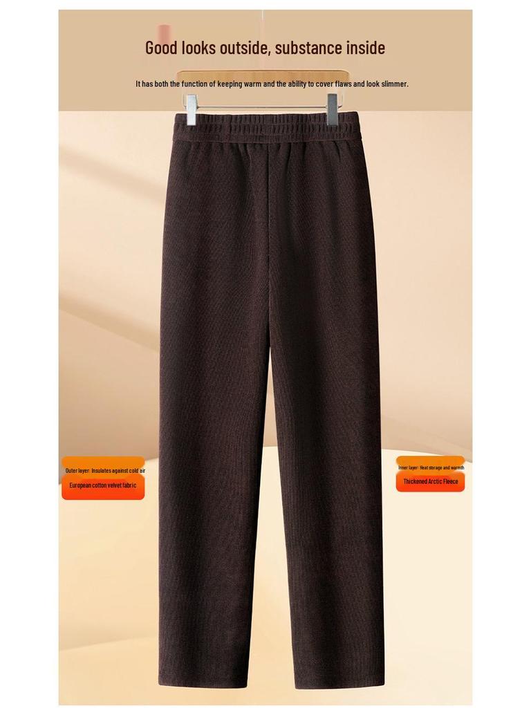 Mom's Fleece-Lined Cotton Pants, Thickened Straight-Leg, Warm Autumn/Winter Trousers for Middle-Aged/Elderly Women.