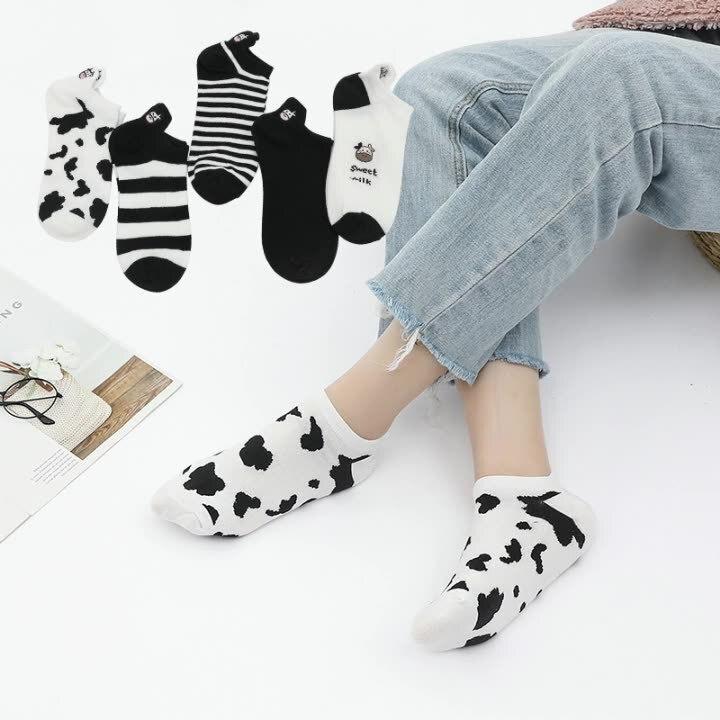 5 Paar Frühling Sommer Dünne Mode Damen Socken Cartoon Kuh Harajuku Kawaii Niedliches Mädchen Glücklich Lustig Bootssocken