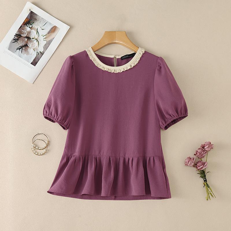 ZANZEA Women Splice Roound Neck Loose Summer Casual Short Sleeve Blouse фиолетовый