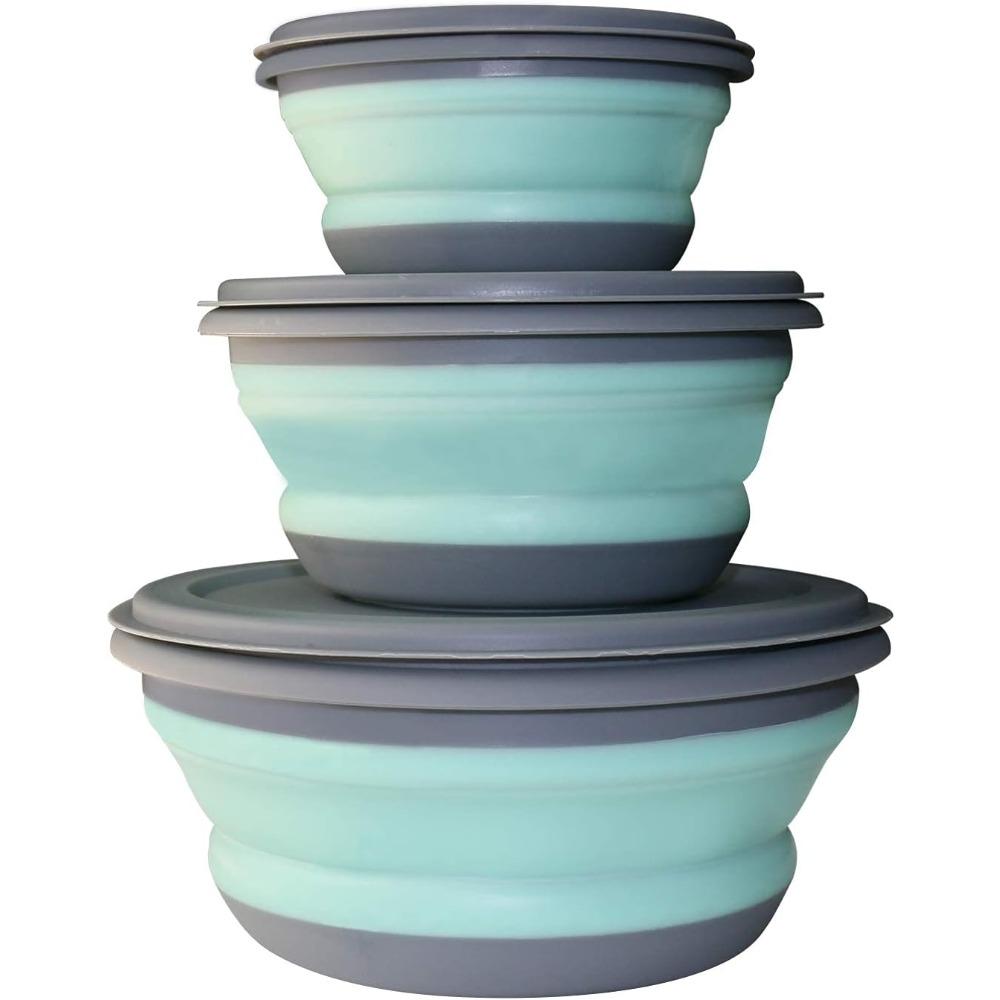 

3 Pack Collapsible Bowls Food Grade Silicone Camping Bowls Salad Bowls with Lids Expandable Lunch Box Food Storage Container зелёный