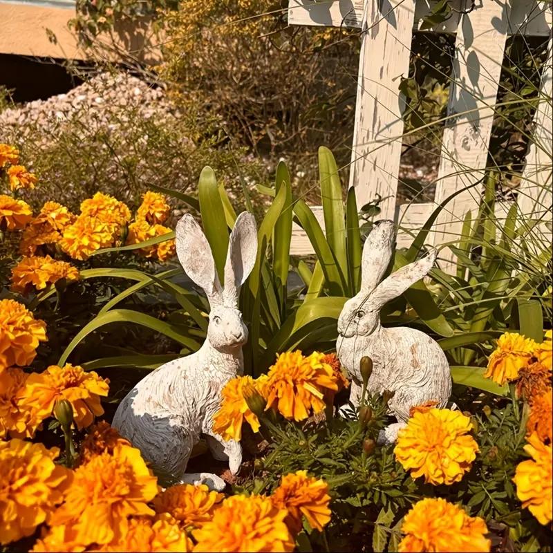 2 Vintage Style White Rabbit Resin Sculptures for Antique Decoration In Gardens and Balconies