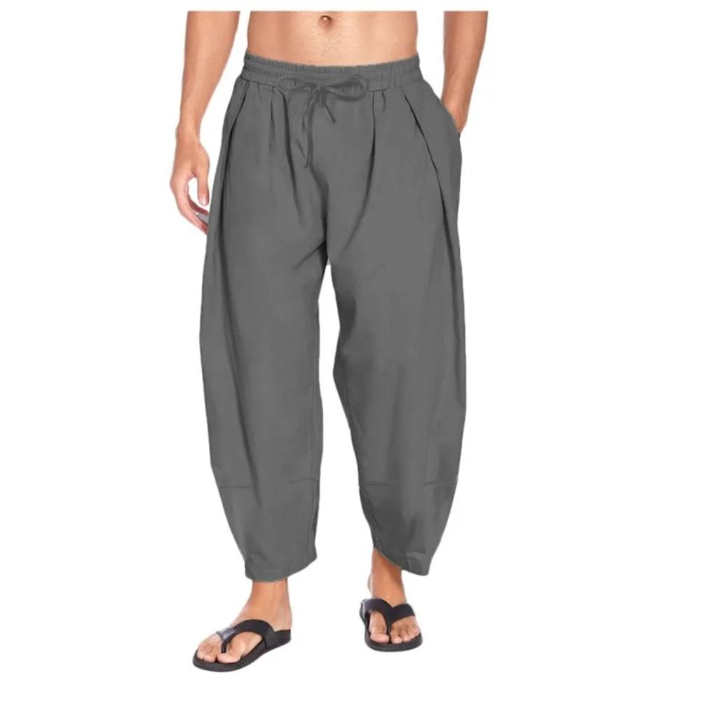 Cotton and Linen Harem Pants Men Streetwear loose Joggers Men Trousers Casual Solid Color Lightweight and Breathable Pants