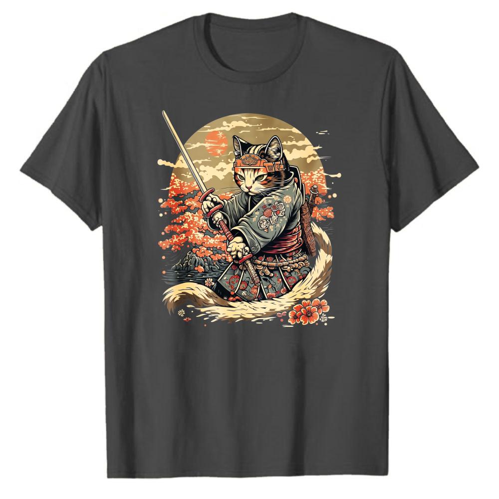 Samurai Cat TShirt Japanese Ukiyoe Cat Samurai Graphic Tee Cherry Blossom Katana Warrior Shirt Aesthetic Cat Lover Gift