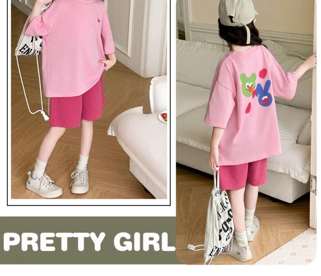 Summer 2026 Girls' Cartoon Print Two-Piece Set: Casual Loose T-Shirt and Shorts