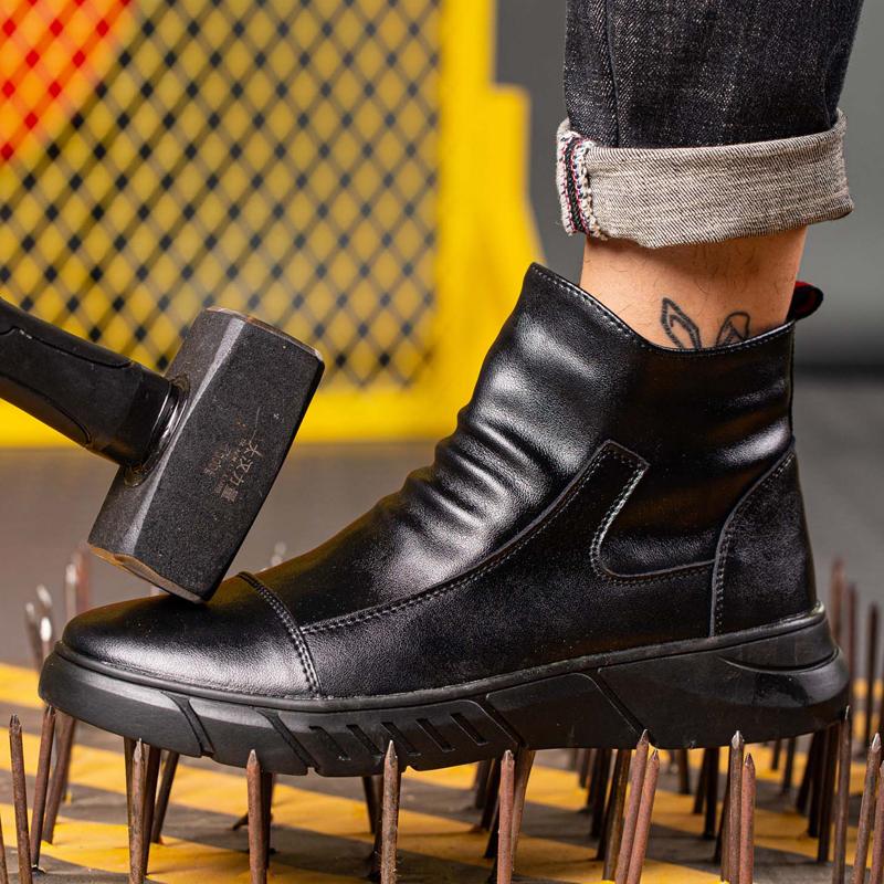 Wasserdichte Lederstiefel Sicherheitsschuhe Herren Seitenreißverschluss Arbeitsstiefel Sicherheits-Stahlkappenschuhe Durchstichfest Unzerstörbare Schuhe
