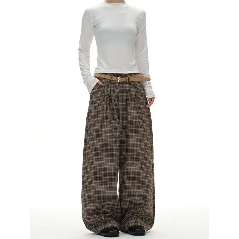Kisko American Retro Double-Pleated Brown Plaid Drape Casual Pants for Men and Women, High-End Loose Straight-Leg Long Pants